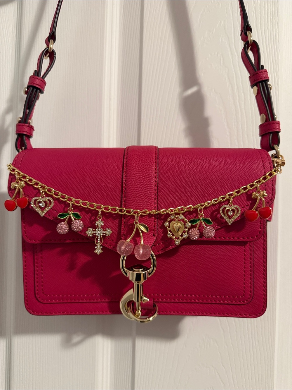 Rebecca Minkoff Hot Pink Leather Crossbody with Gold Charm Chain